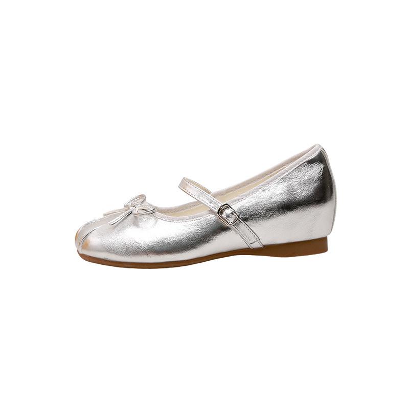 Inner heightening bow Mary Jane shoes new temperament round head word with light mouth thick heel versatile silver single shoes women