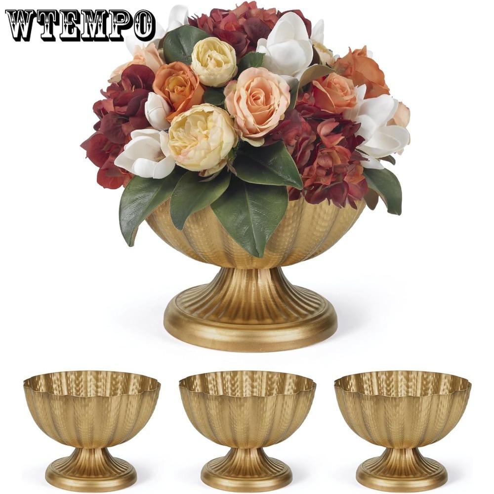 2pcs Distressed Golden Compote Pedestal Vases Antique Metal Large Golden Compote Bowl Vase for Centerpieces with Waterproof Liner