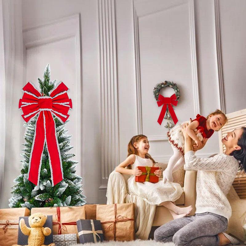 Červené vánoční mašle Venkovní dekorace Velká mašle na vrchol vánočního stromku Sametový věnec se zlatým třpytivým okrajem Dekorace na vchodové dveře
