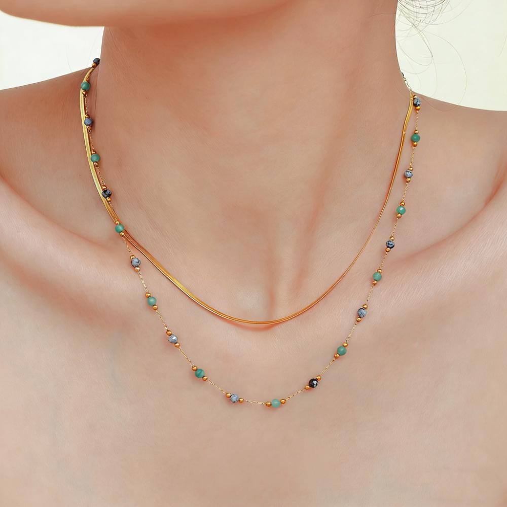 Natural Lapis Lazuli Handmade Beaded Collarbone Necklace, Double Layer Titanium Steel PVD Real Gold Plated Jewelry