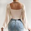 Summer New V-neck Drawstring Chiffon Blouse Women Vintage Lantern Sleeve Slim Fashion Sexy Women's Shirt Tops Elegant Solid Ladies Crop Blouse 25156