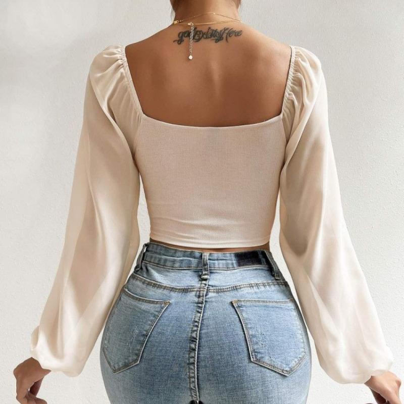 Summer New V-neck Drawstring Chiffon Blouse Women Vintage Lantern Sleeve Slim Fashion Sexy Women's Shirt Tops Elegant Solid Ladies Crop Blouse 25156