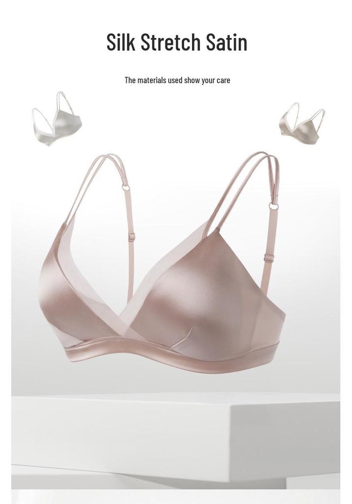 French Silk Satin Wire-Free Bra - Mulberry Silk, Breathable Mesh, Thin Triangle Cup, Lingerie for Large Busts