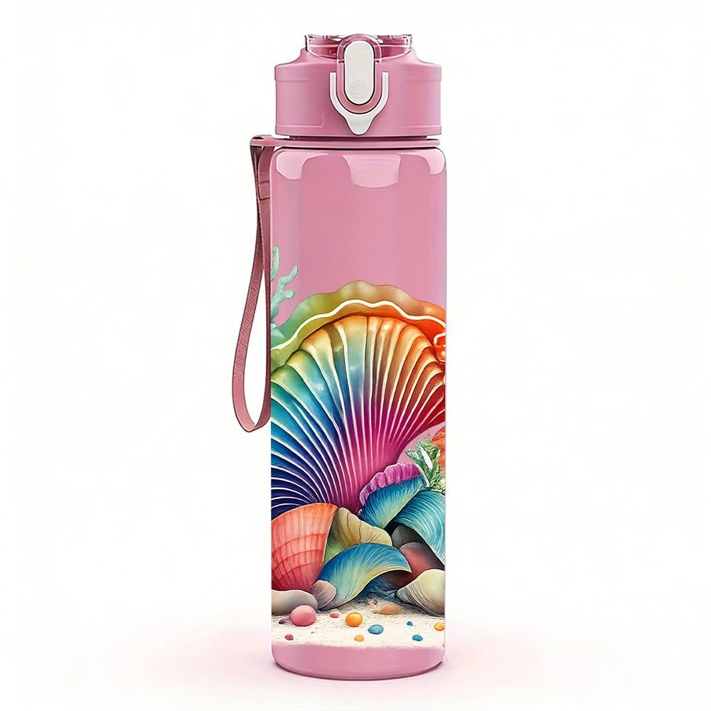 1PC Coral Shell Tropical Ocean Print 750ml Color Plastic Sports Water Bottle Leakproof Flip Straw Lid Suitable for Sports Office Home Use