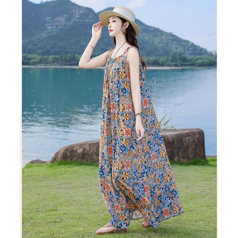 Fashion Floral Sleeveless Cotton Maxi Dress Summer Boho Style Casual Wear for Women