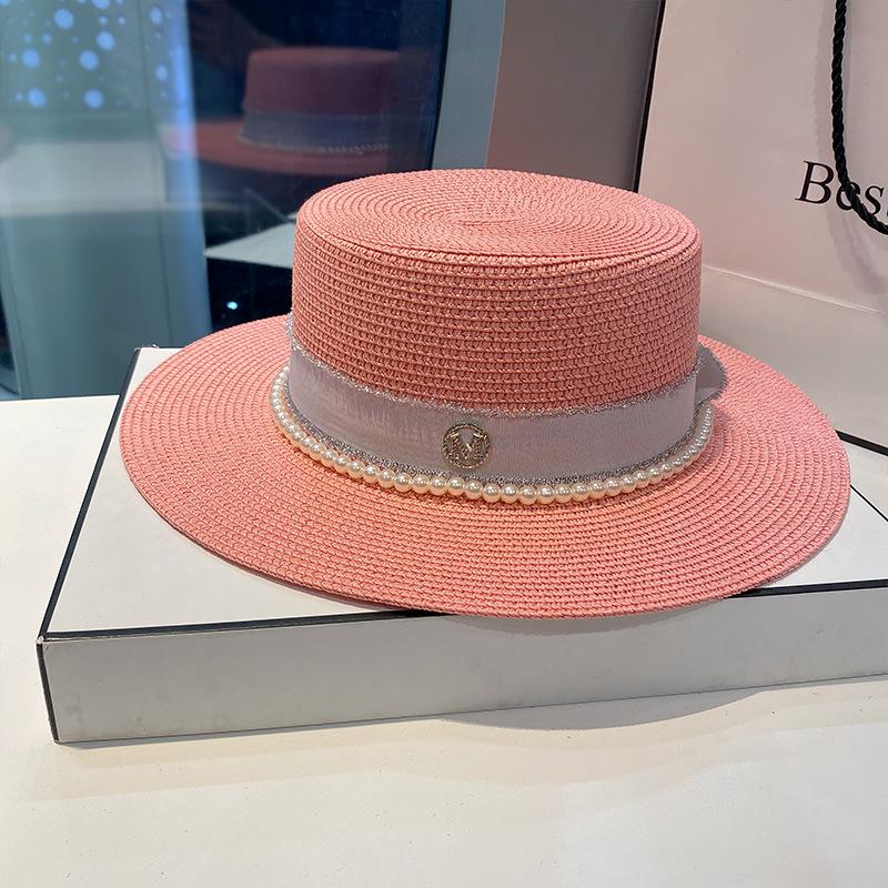 Straw hat women's spring and summer versatile pearl M letter flat top top top hat big brim sunshade sunscreen beach hat shows small face