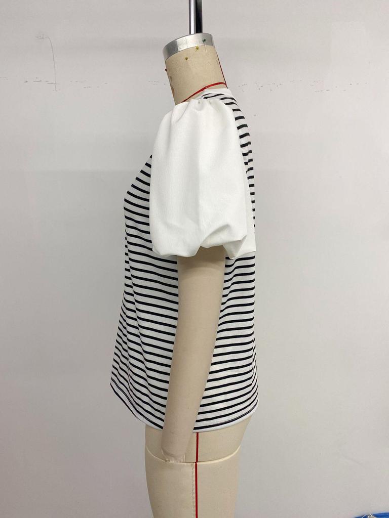 Baifenzhiyi 2026 Women's Striped Patchwork V-neck Puff Sleeve Casual T-shirt