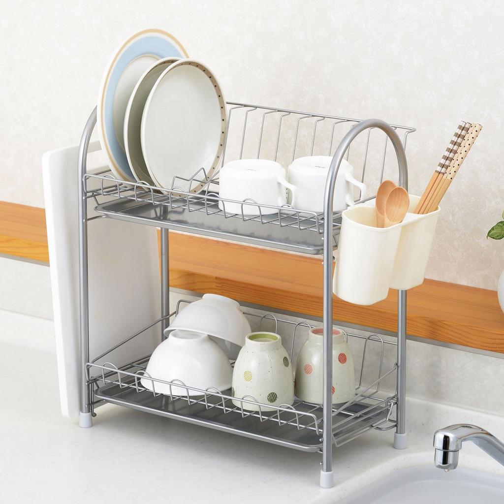 Wahei Freiz Iron Dish Drainer, Plonge, 2-Tier, Slim, Powder Coated, with Cutlery Pocket and Cutting Board Holder, PM-9016