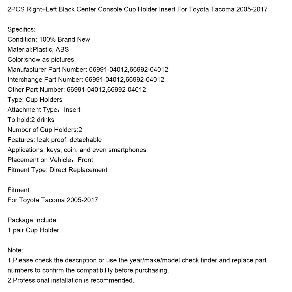 2PCS Right+Left Black Center Console Cup Holder Insert For Toyota Tacoma 05-17