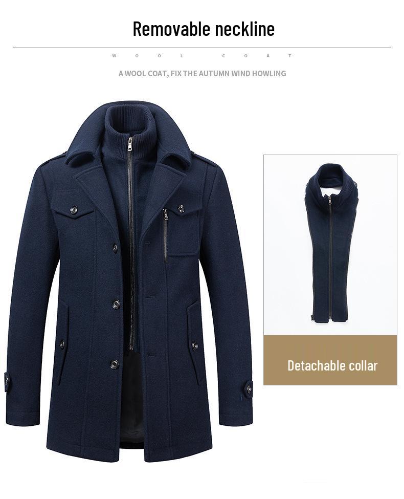 Men's Double Collar Woolen Coat: Autumn/Winter Business Style for Middle-Aged Men