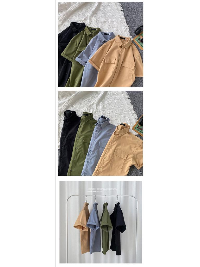 Herren-Freizeithemd im Hongkong-Stil mit kurzen Ärmeln und Doppeltaschen – trendige, lockere Passform für Sommerstudenten