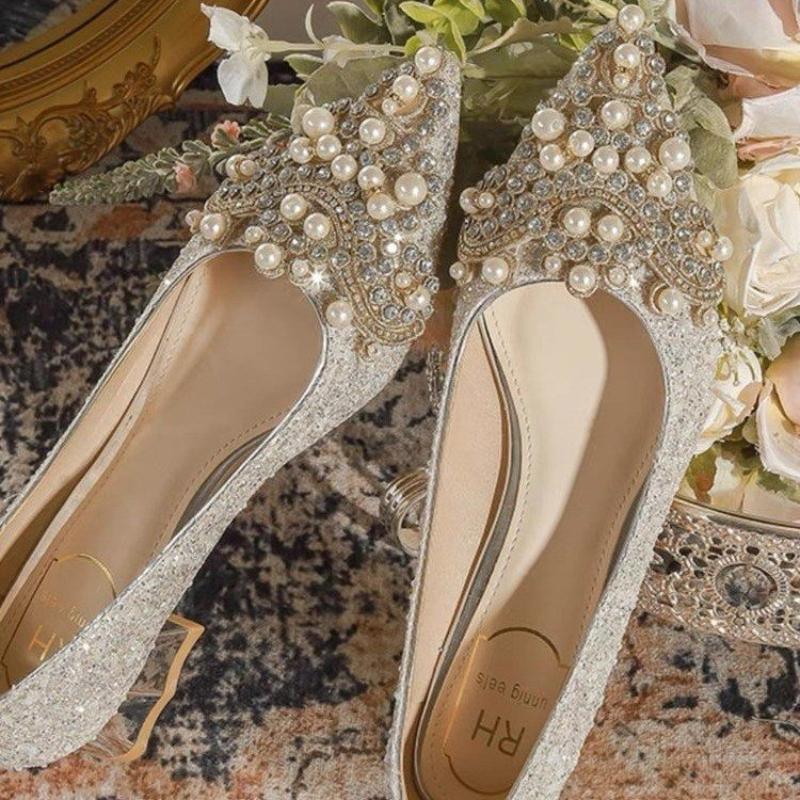 2025 Spring Sparkling Pearl Stickers High Heels Wedding Shoes Banquet Dress 4cm Thick Heels Women's Pumps