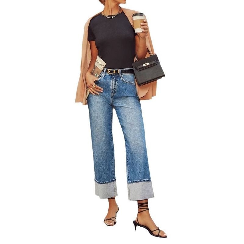 European and American Elastic Straight Jeans Women Quality Retro Curling High Waist Trousers Straight Leg Jeans