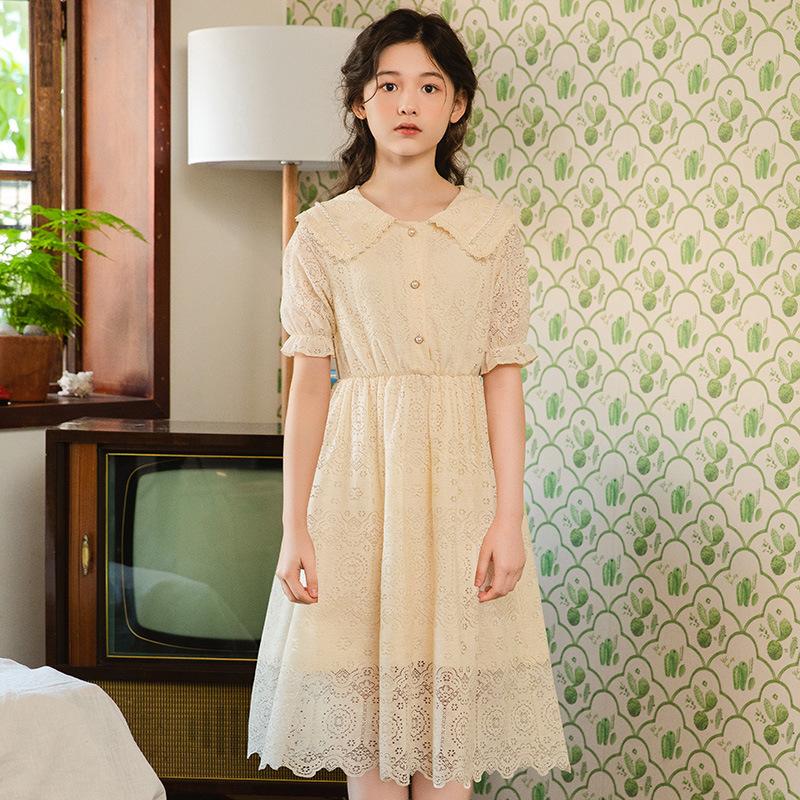 

Платье для девочек. Летнее кружевное платье с короткими рукавами. 2023. Детское платье принцессы. 120cm абрикосовый