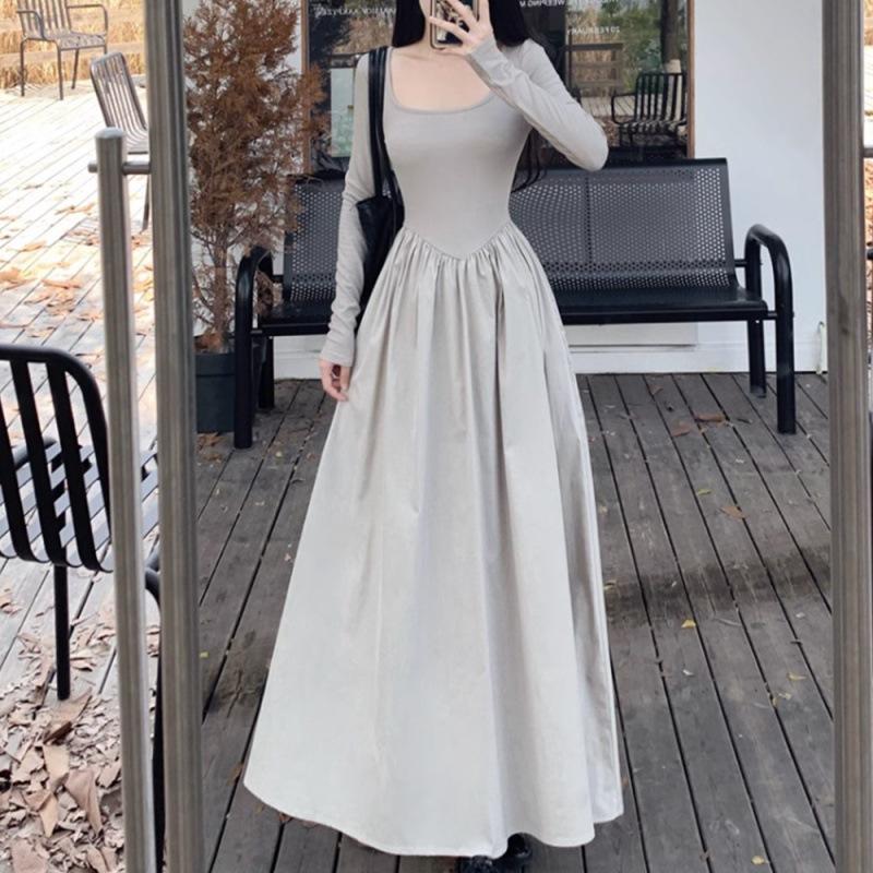 Hepburn-Style Long Sleeve Square Collar Dress - Women's Spring 2024 Collection