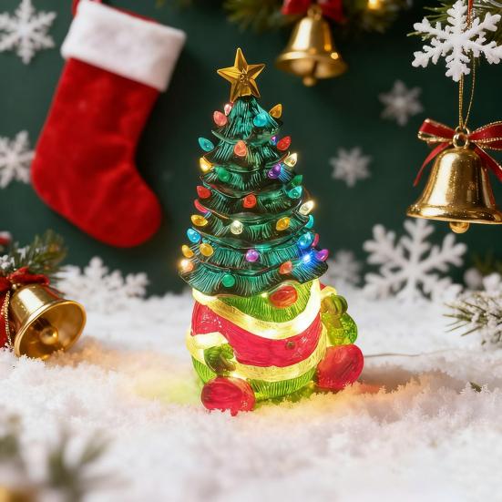 Yousheng 10 Inch Lighted Christmas Gnome Tree Resin Reindeer/Santa Dog Gnome Tree with LED Light for Home Office Fireplace Mantel Tabletop Decor