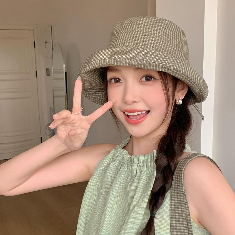 

RICYGVM Edge Curl Bucket Cap For Women Bow Plaid Fisherman Hat Fashion Girls Sunshade Basin Caps Breathable Outdoor Sun Visors One Size