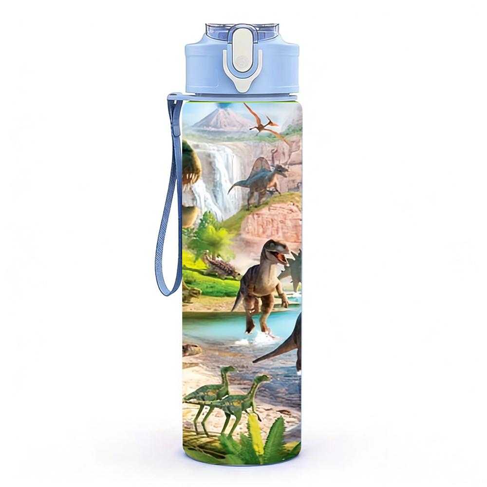 1 Stück Dschungel Wild Dinosaurier Fluss Landschaftliches Layout 750ml Farbe Kunststoff Wasserflasche Auslaufsicher Klappdeckel mit Strohhalm Für Sport Büro Heimgebrauch
