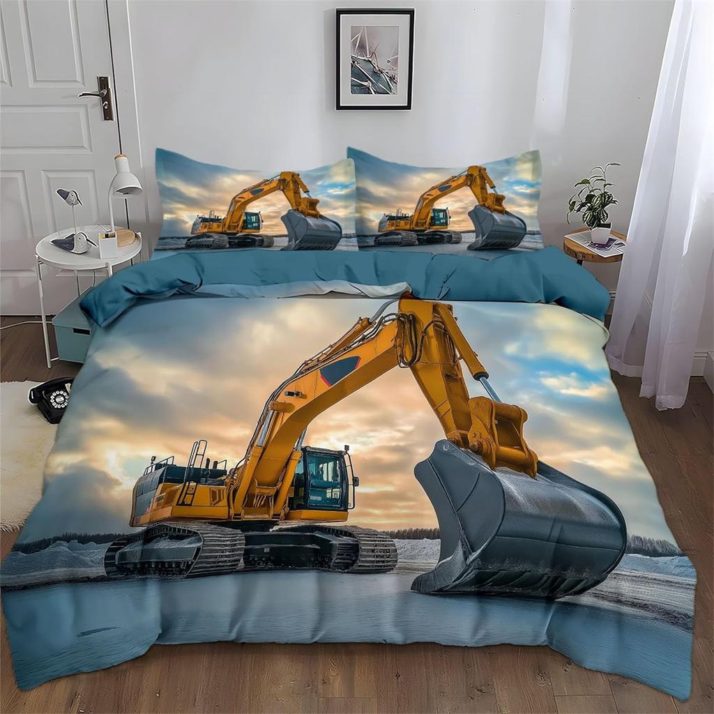 Boys Excavator Bedding Duvet Cover King Bed Engineering Construction Vehicles Digger Kids Boys Quilt Cover Set with Pillowcase