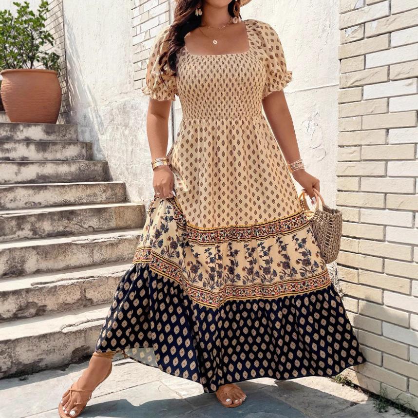 Beige and Navy Blue Floral Geometric Print Square Neck Puff Sleeve Maxi Dress