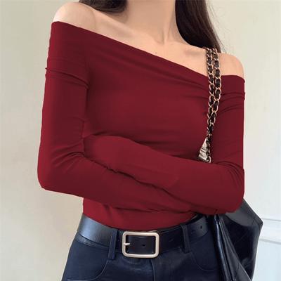 92 Cotton 8 Elastane 210g Hot Girl Red Shoulder Bottoming Shirt Women's Pure Desire Sexy Inner Long Sleeve Versatile T