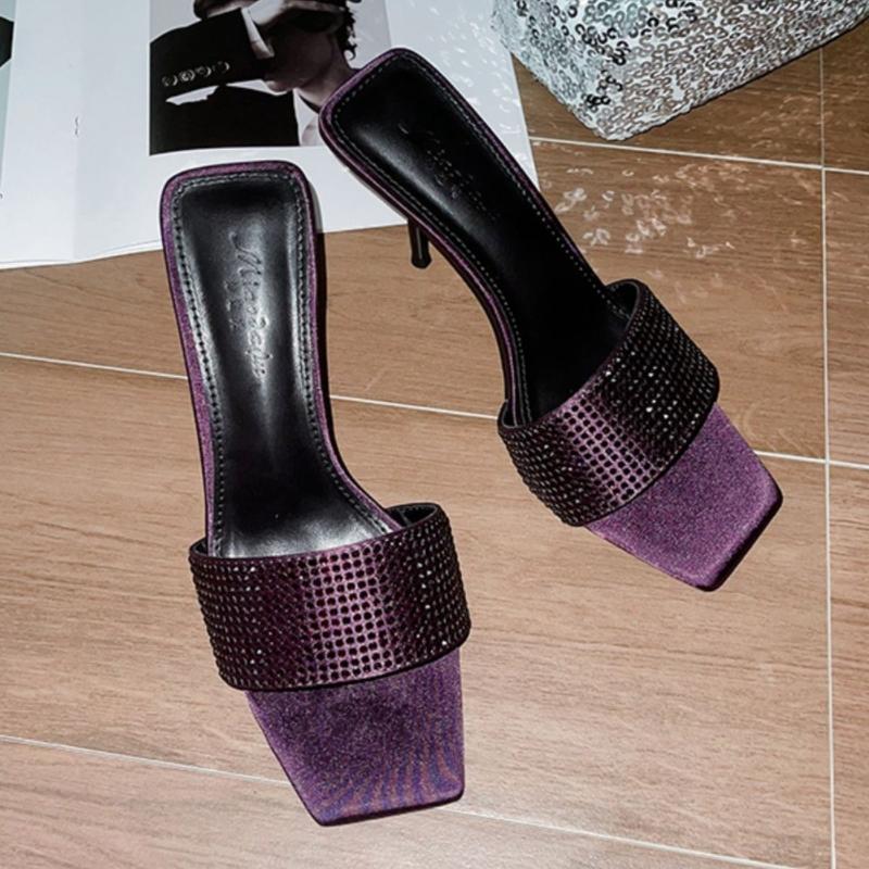 Fashion Temperament Woman Shoes 2026 Autumn New Square Toe Womens Heels Simple Women's Rhinestone Sandals Comfort Women Slippers