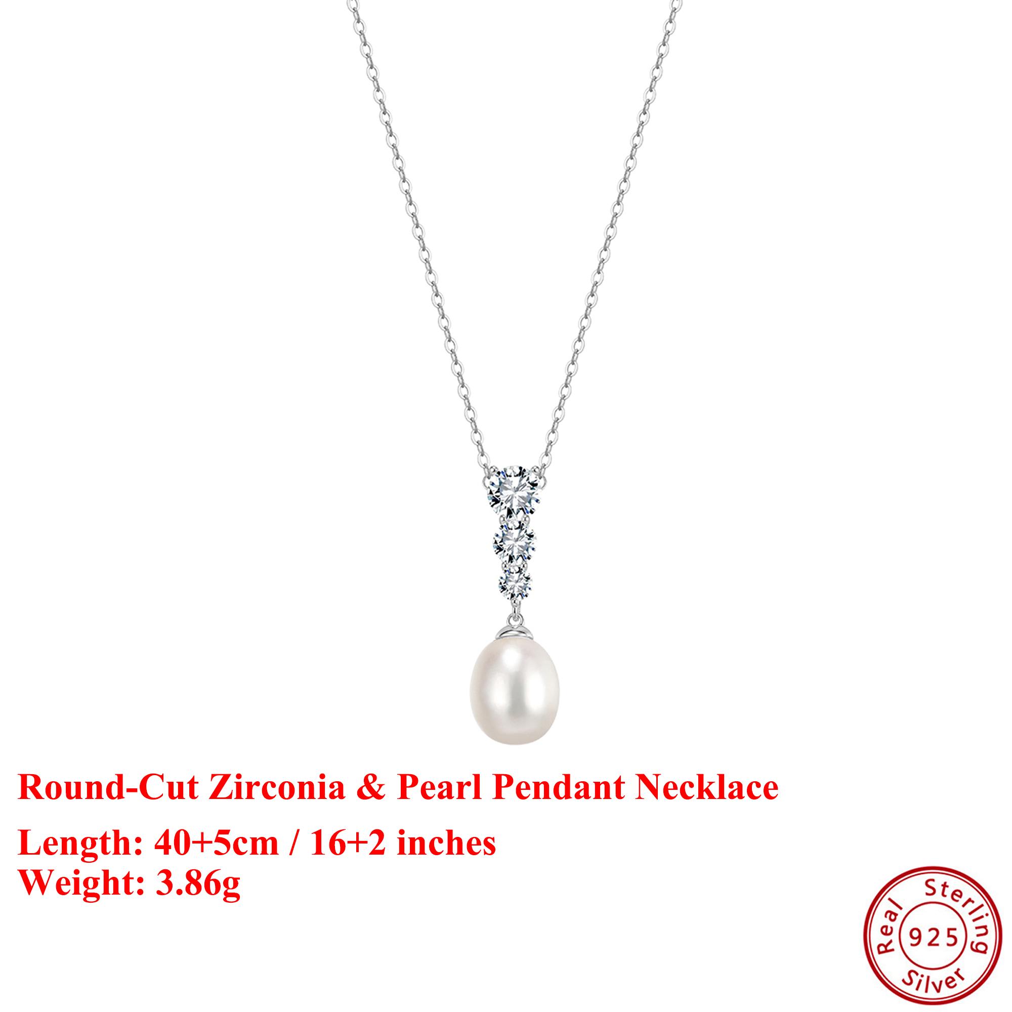 

EFFIE QUEEN Genuine 925 Silver 14k Gold Round Pearl & Zirconia Pendant Necklace Banquet Jewelry for Women Wedding Party GPN98 срібний