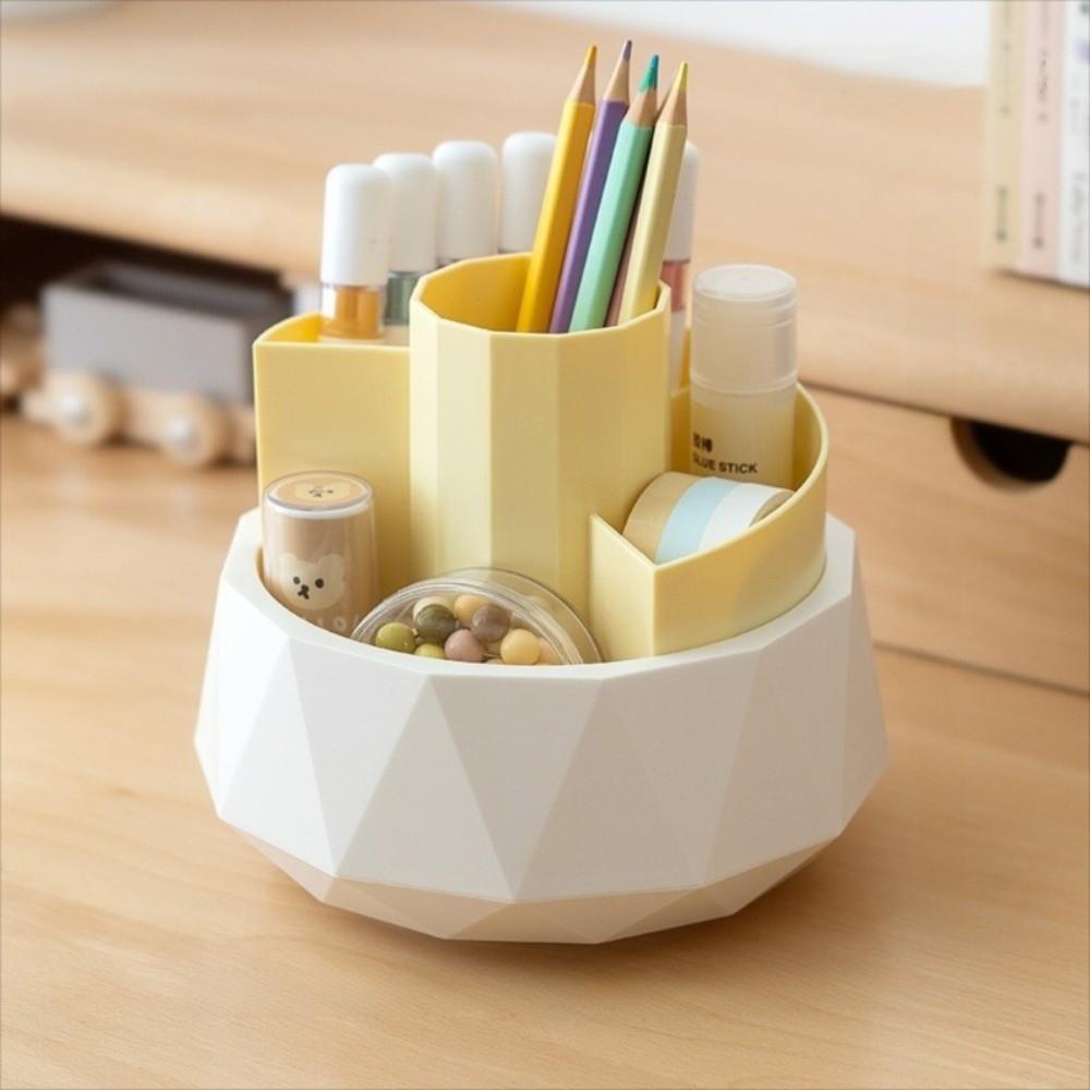 Large Capacity Pencil Storage Box 4-Grid Makeup Brush Organizer 360° Rotating Pen Holder Desktop