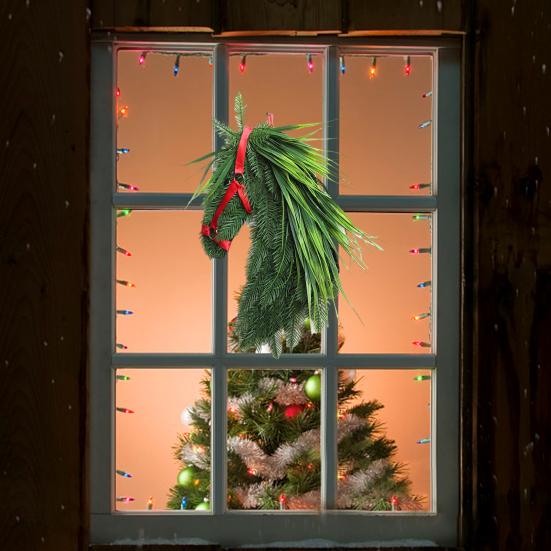 Horse Head Wreath Rustic Farmhouse Equestrian Front Door Decor Handmade Artificial Pine Branches Wreath with Red Ribbon for Wall Window Porch Decor