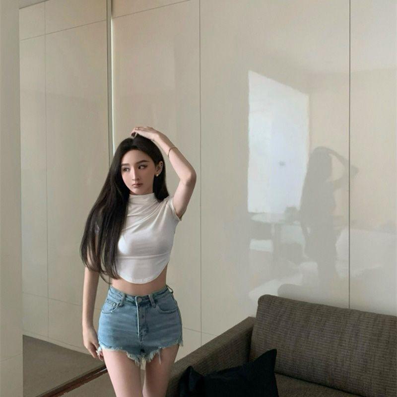 Summer Short Shoulder Skinny Short Sleeve T-Shirt Women's Pure Desire Atmosphere High Waist Navel Spicy Tights