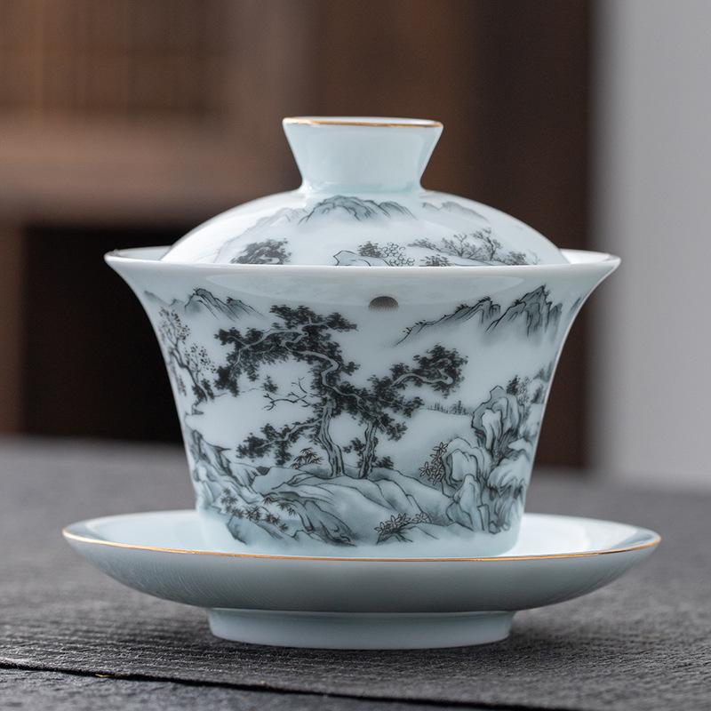 150ml Mutton Fat Jade Famille Rose Landscape Gaiwan Elegant Tea Tureen Tea Bowl With Lid Kit Tea Brewing Cover Bowl Cha Craft