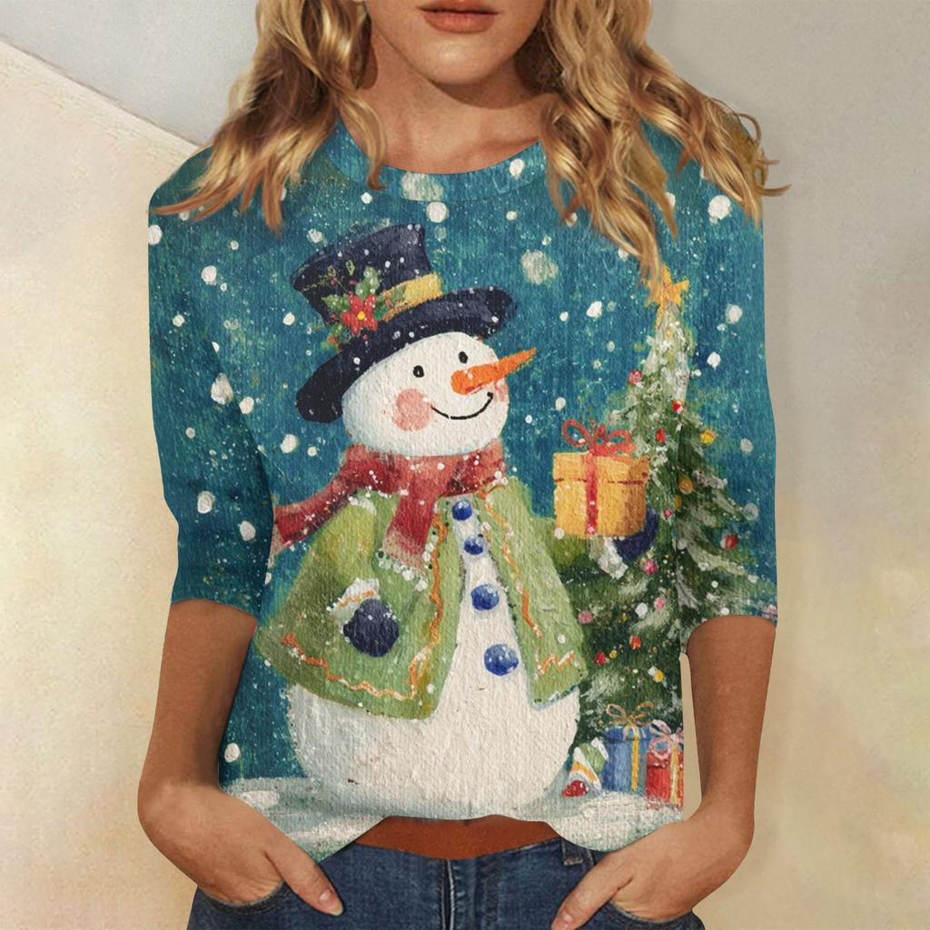 3/4 Sleeve Shirts For Women Print Christmas Tees Blouses Casual Plus Size Basic Tops Pullover
