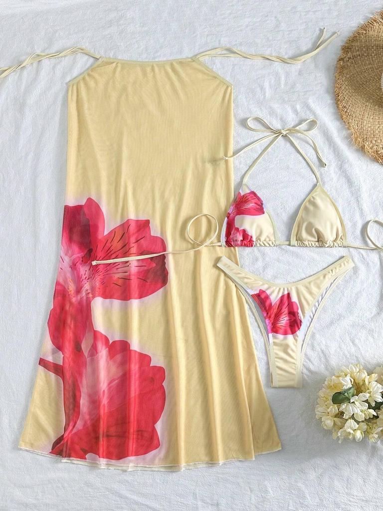 2025 European & American Bikini Three-Piece Set: Sexy Long Cover-up Print Swimsuit for Women