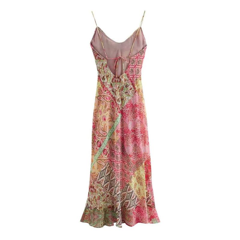 Patchwork Printed Backless Camisole Dress Patchwork Open Back Sling Dress