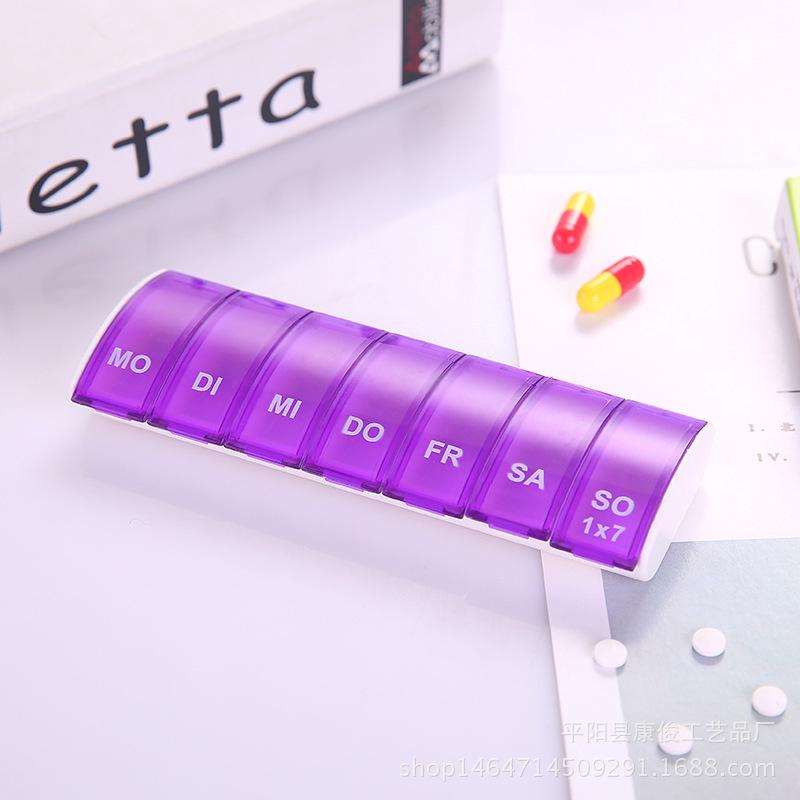 

1PC Прямокутна коробка для таблеток Seven Days Pill Box із сімома відділеннями. Міні-портативна коробка для зберігання таблеток. Пластикова роздільна коробка для таблеток. фіолетовий