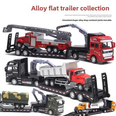 Children's Alloy Car Transport Trailer & Pull-Back Toy Set: Fire Truck, Tank, Excavator.