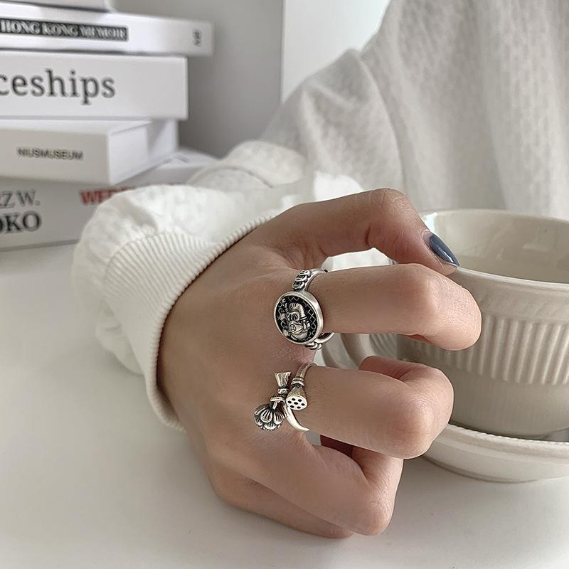 Artistic 925 Silver Open Ring With Vintage Elephant And Rose Pendant For Unique Gifts