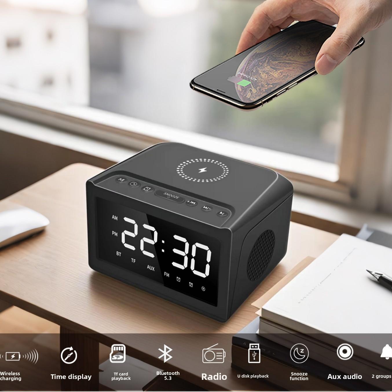 Hot Wireless Charging Bluetooth Speaker, Large Display Clock with Dual Alarm, FM Radio, Hotel Desktop Multifunctional Speaker black