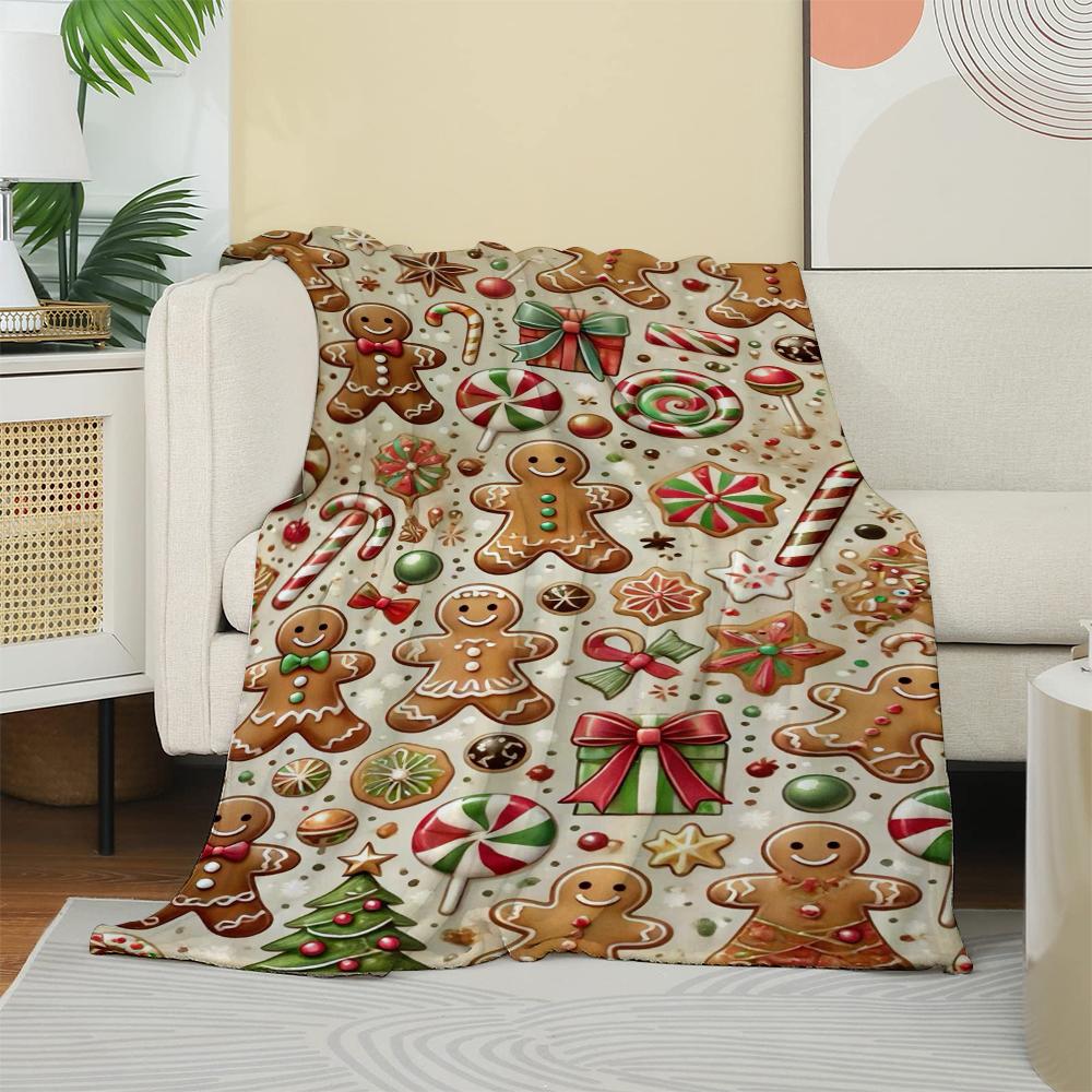 Christmas Gingerbread Man & Candy Pattern Fleece Blanket, Festive Winter Holiday Throw Blanket with Cookies for Couch Bed