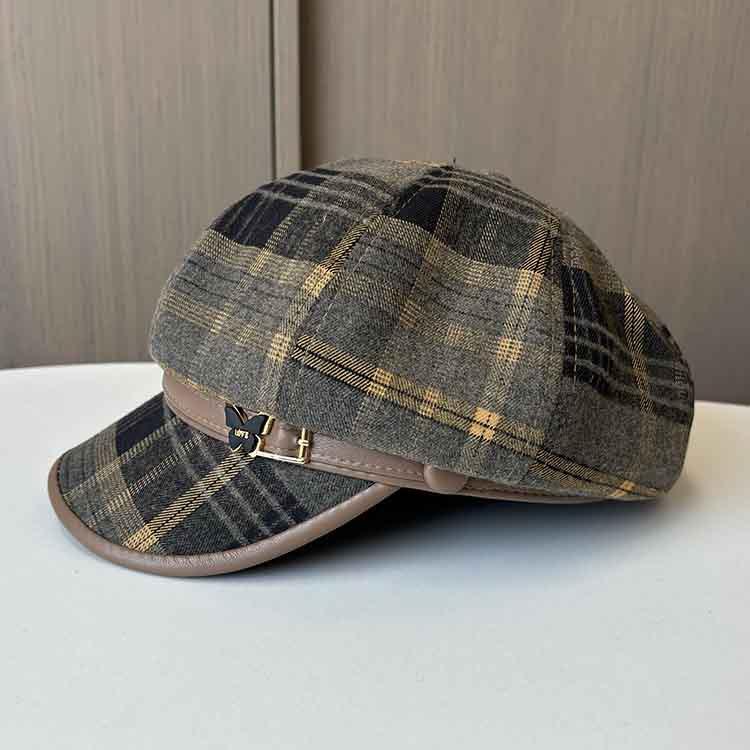Temperament British Style Plaid Woolen Octagonal Hat Women'S Autumn And Winter Fashion Versatile Beret Retro Painter Newsboy Hat