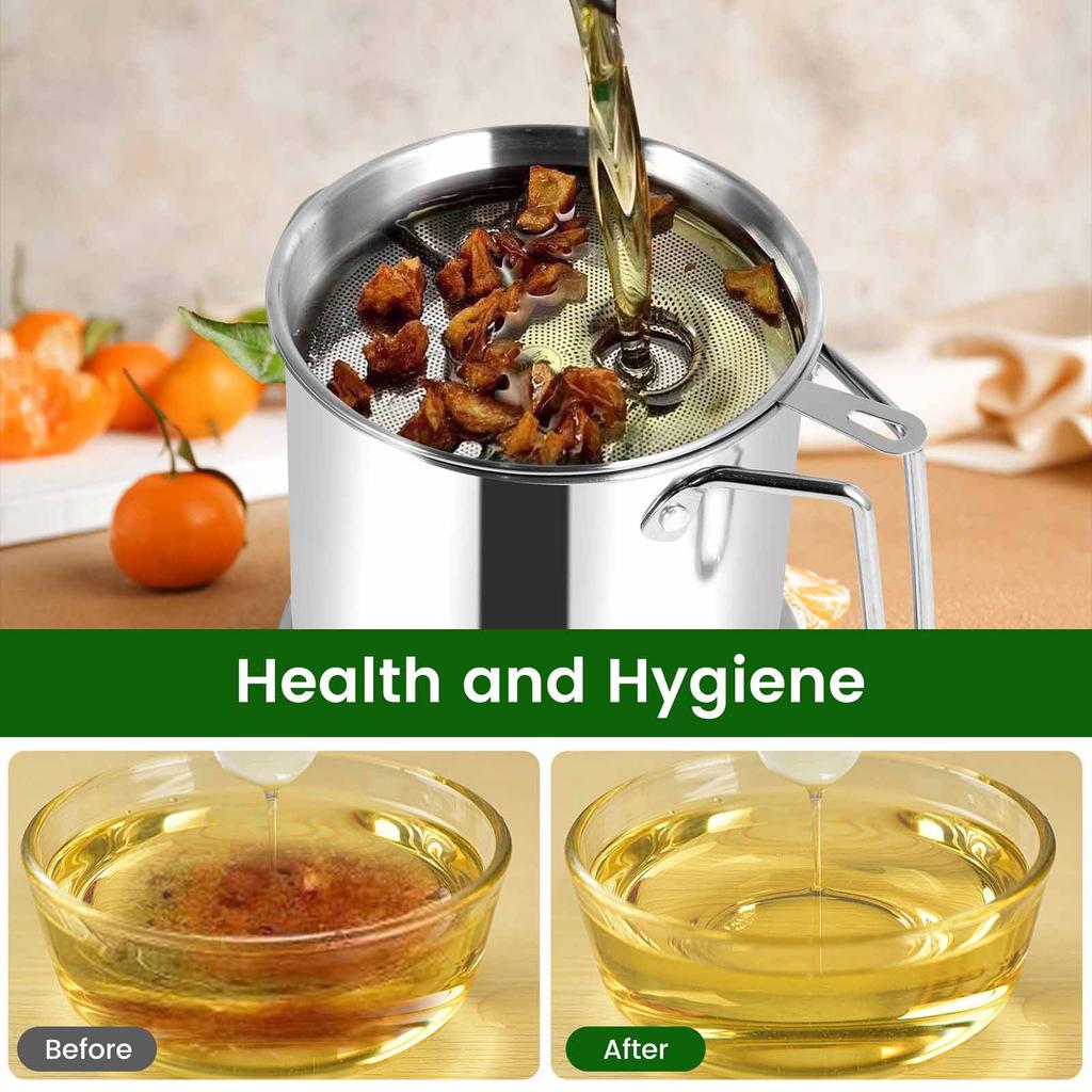 1.5-2L Stainless Steel Oil Strainer Pot with Strainer Dust-Proof Lid Cooking Oil Strainer Storage Container Grease Keeper Filter