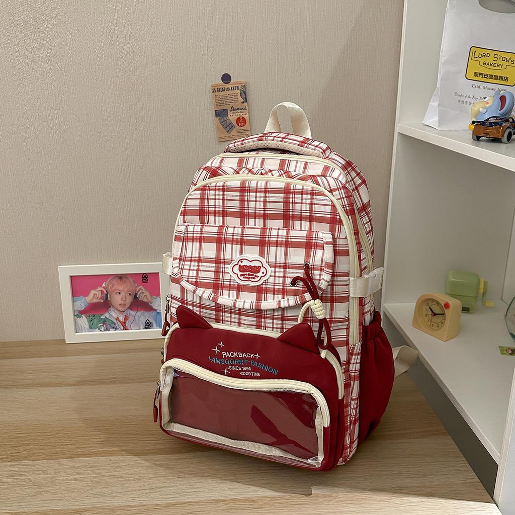 Schoolbag Japanese Light Gray Plaid Cat Ear Pain Bag Backpack Refreshing College Style Junior High School Girls Daily Class Schoolbag