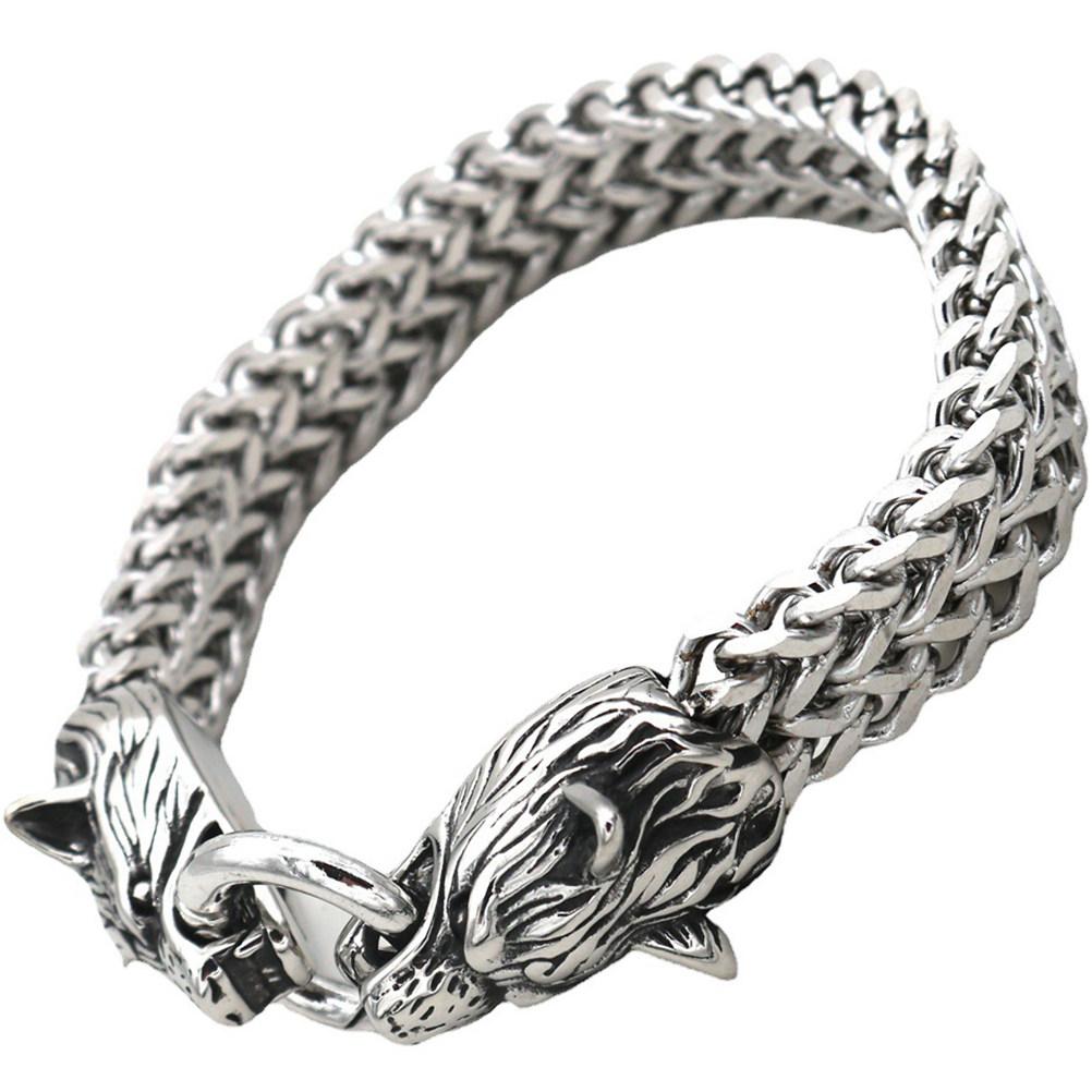 Stainless Steel Retro Viking Wolf Head Bracelet Personality Trendy Jewelry For Men 19 Cm