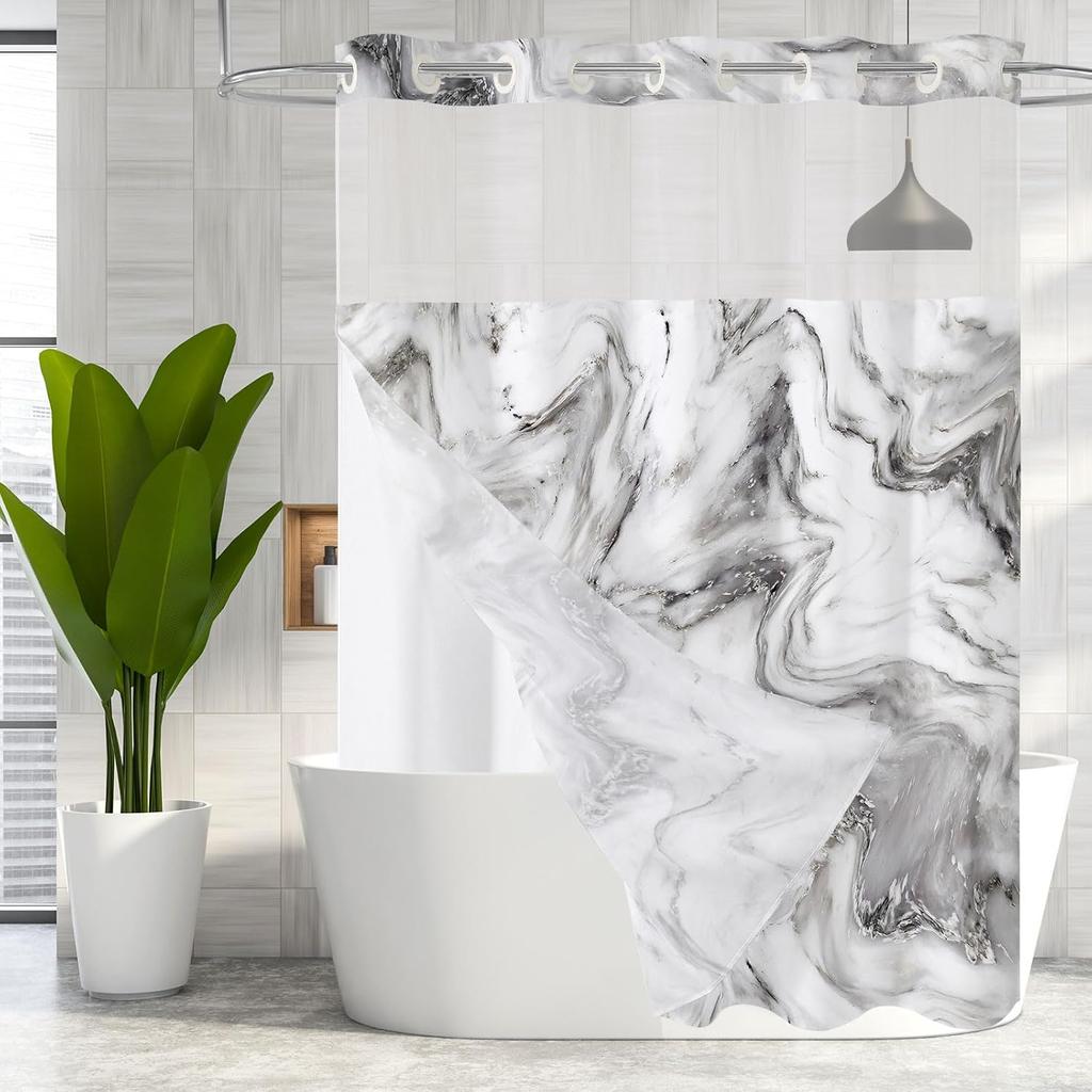 No Hooks Needed Marble Shower Curtain Set with Snap-in Liner, Modern Abstract Shower Curtains for Luxury Hotel Grade Spa-Like Bathroom Decor