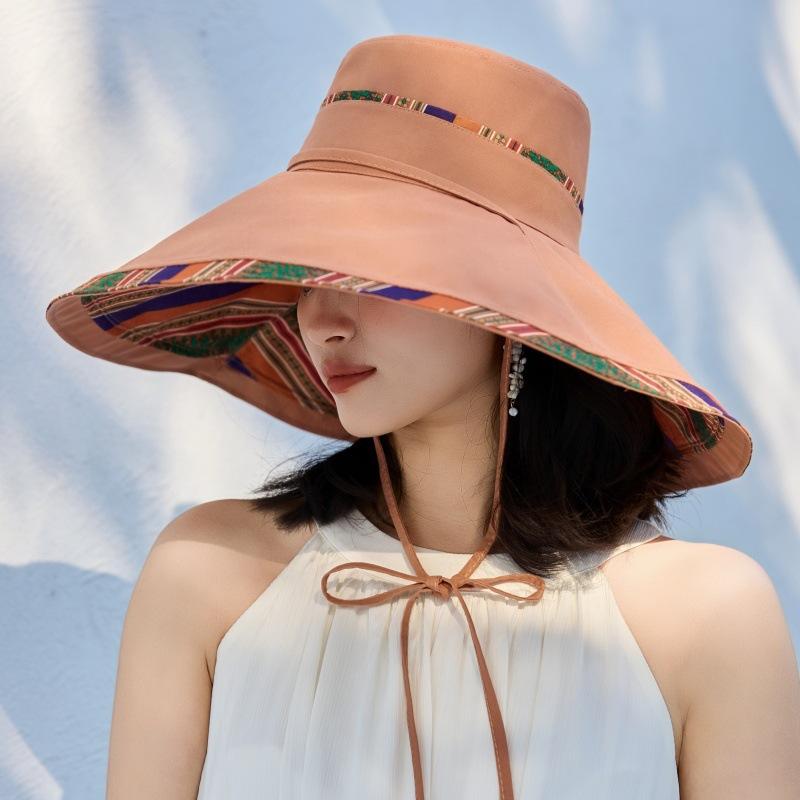 New Ethnic Style Foldable Double-sided Bucket Hat Super Large Edge Sun Hat Travel Vacation UV Protection Sun Hat