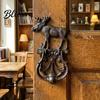 Retro Door Knocker Vintage Cast Iron Elk Knocker, Thickened Wrought Wall Decor with Industrial Style Handle Carved Base, Pre-Drilled Holes Pull