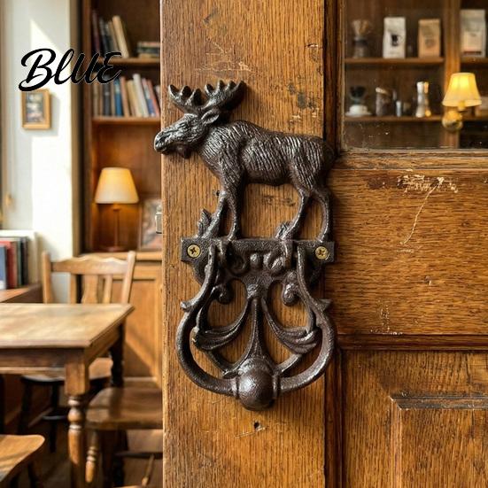Retro Door Knocker Vintage Cast Iron Elk Knocker, Thickened Wrought Wall Decor with Industrial Style Handle Carved Base, Pre-Drilled Holes Pull