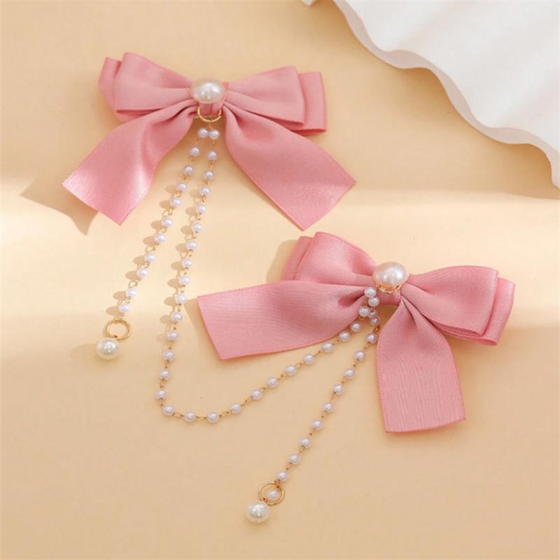 Children Sweet Princess Style Pink Pearls Chain Bow Hair Clip Women Children's Cute Back Head Hairpins Hair Clips Girls Hair Accessories