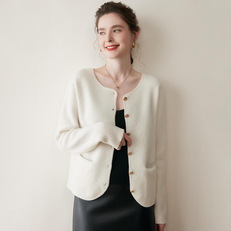Round Neck Cashmere Cardigan for Women - Autumn/Winter Thick Knit Sweater Coat.