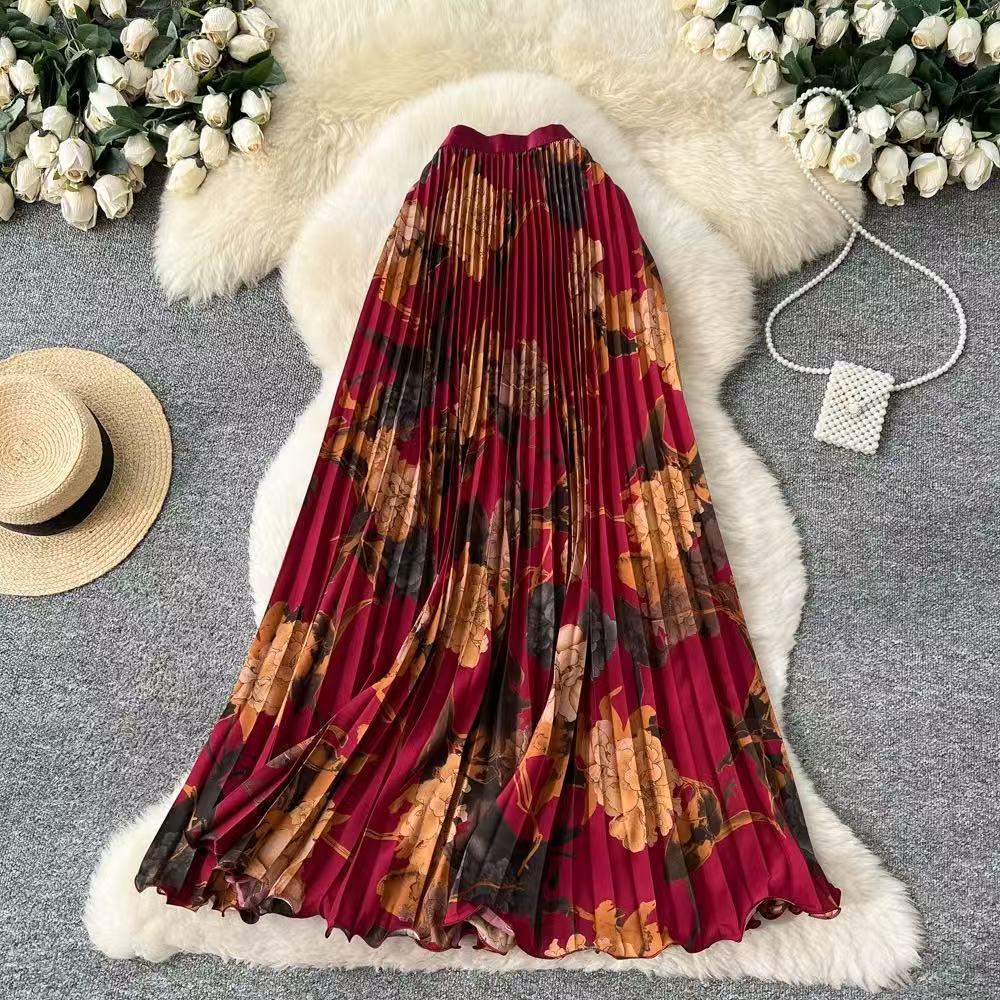 Women's High-Waisted Chinese Ink Print Pleated Midi Skirt